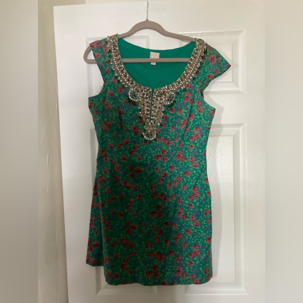 Plenty by Tracy Reese Green Dress w/ Red Floral Pattern & Beaded Neckline, Sz 12